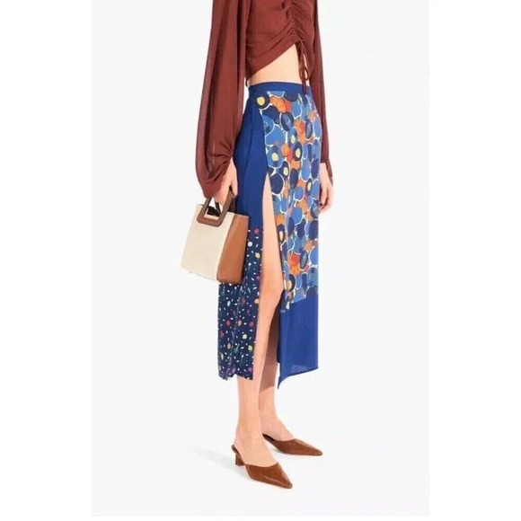STAUD Moulette Midi Skirt Blue Fruit Veggie Colorblock Size 4 - Picture 2 of 11